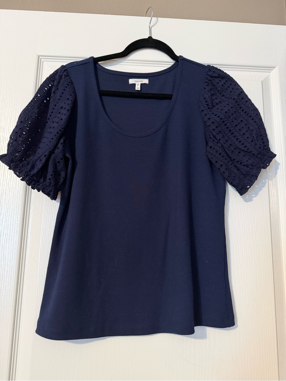Maurices Navy Eyelet Puff Sleeve Short Sleeve Top